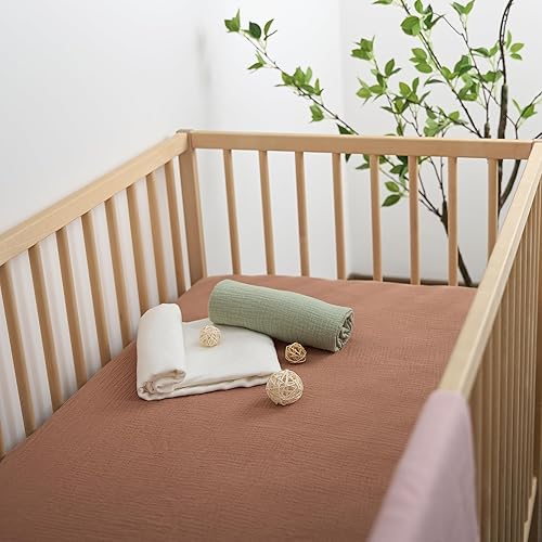 Miniatura 3 de Meracorallo Sábana bajera ajustable de muselina para cuna, suave y transpirable, para colchones estándar para cuna y niños pequeños (camello)