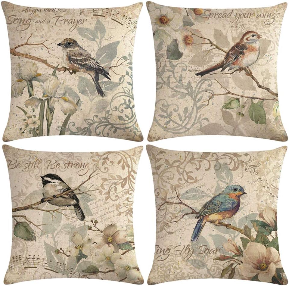 ULOVE LOVE YOURSELF 4pack Vintage Bird Pillow Covers Birds Singing On