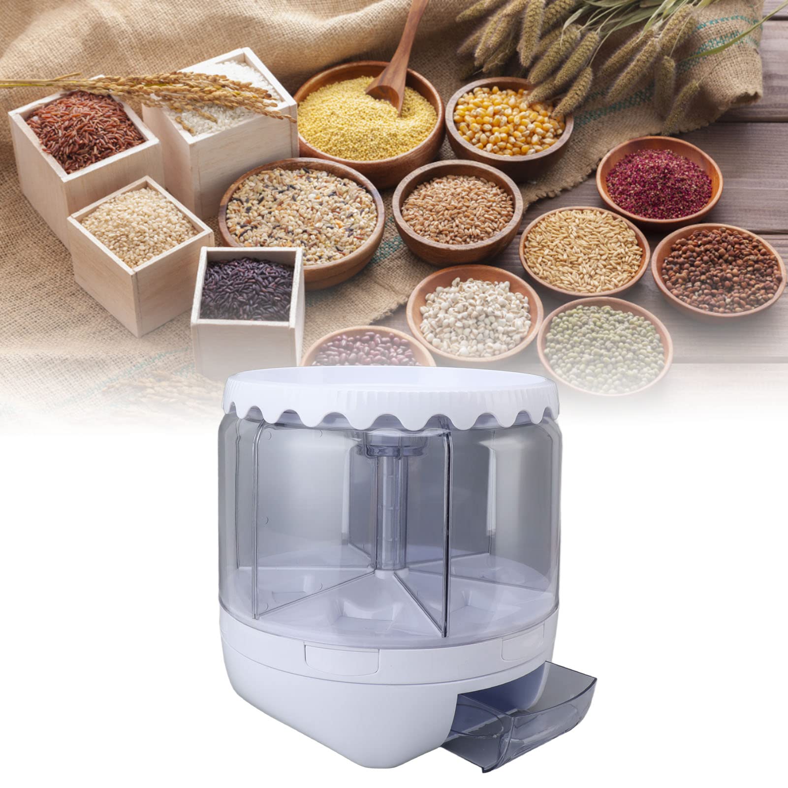 Contenedor de almacenamiento de arroz y cereales de 6 rejillas, dispensador de alimentos giratorio doble ed de 10000 ml para arroz negro, arroz amarillo y frijoles, dispensador de cereales