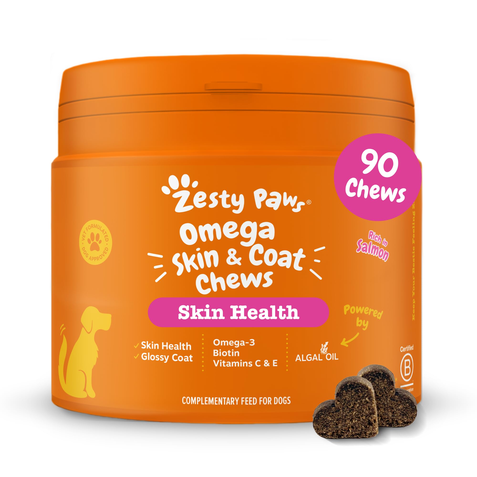 – Zesty Paws Omega Skin & Coat Chews for Dogs | Helps Skin, Joint & Heart Health, Healthy & Shiny Coat, Anti-Itch | With Salmon, Omega-3, Biotin, Vitamin C & E, Zinc, Algal Oil | Daily Use | 90 Chews