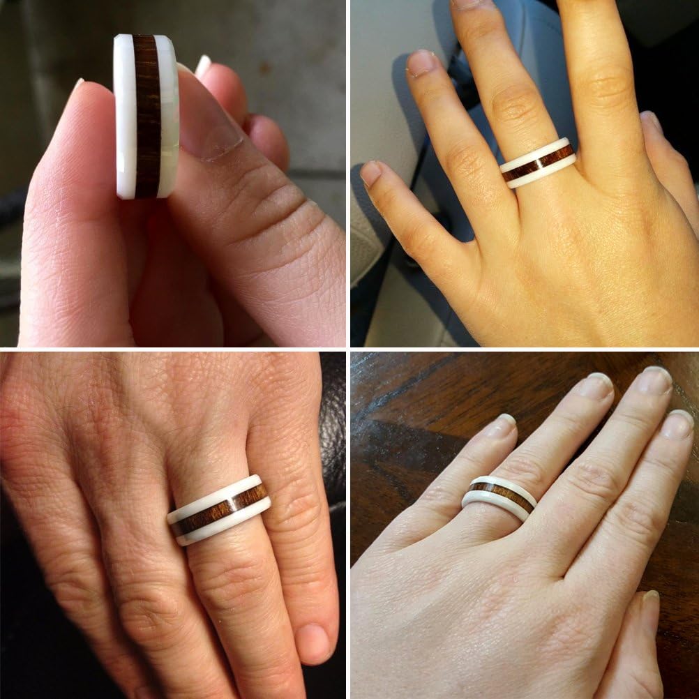 THREE KEYS JEWELRY 6,8mm Black/White Ceramic Wedding Ring with Real Koa Wood Inlay Flat Top Wedding Band Engagement Ring Comfort Fit Size 4-16