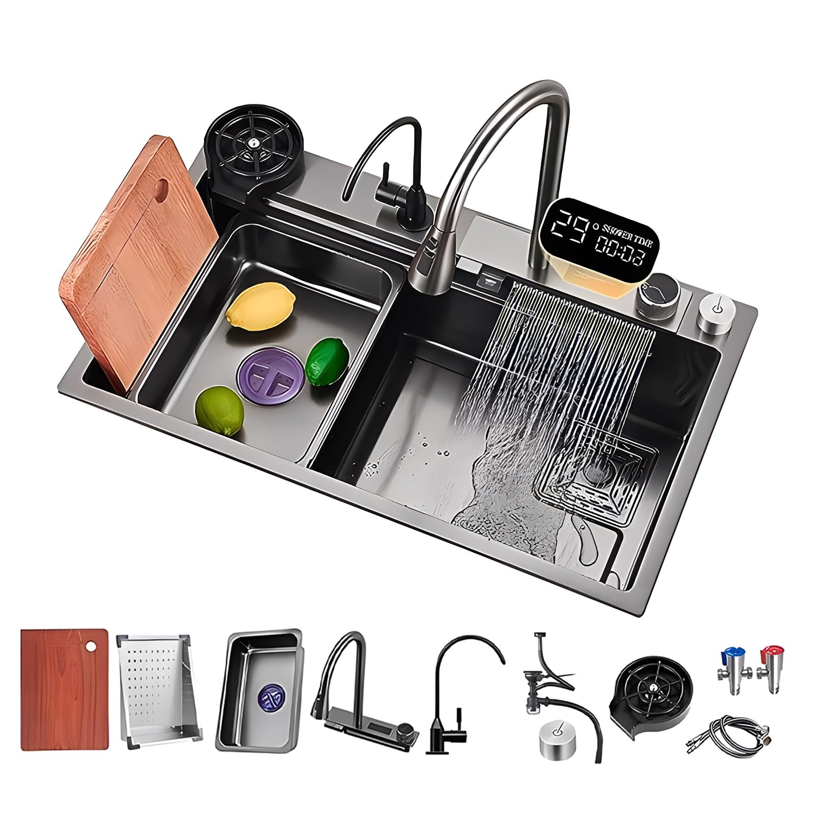 WIQUYBML Single Bowl Sink,LED Temperature Display Kitchen Sink,Raindance Waterfall Sink,Knob Drainage,Glass Rinser,with Drain Strainer and Accessories (Size : 75x46x22cm)