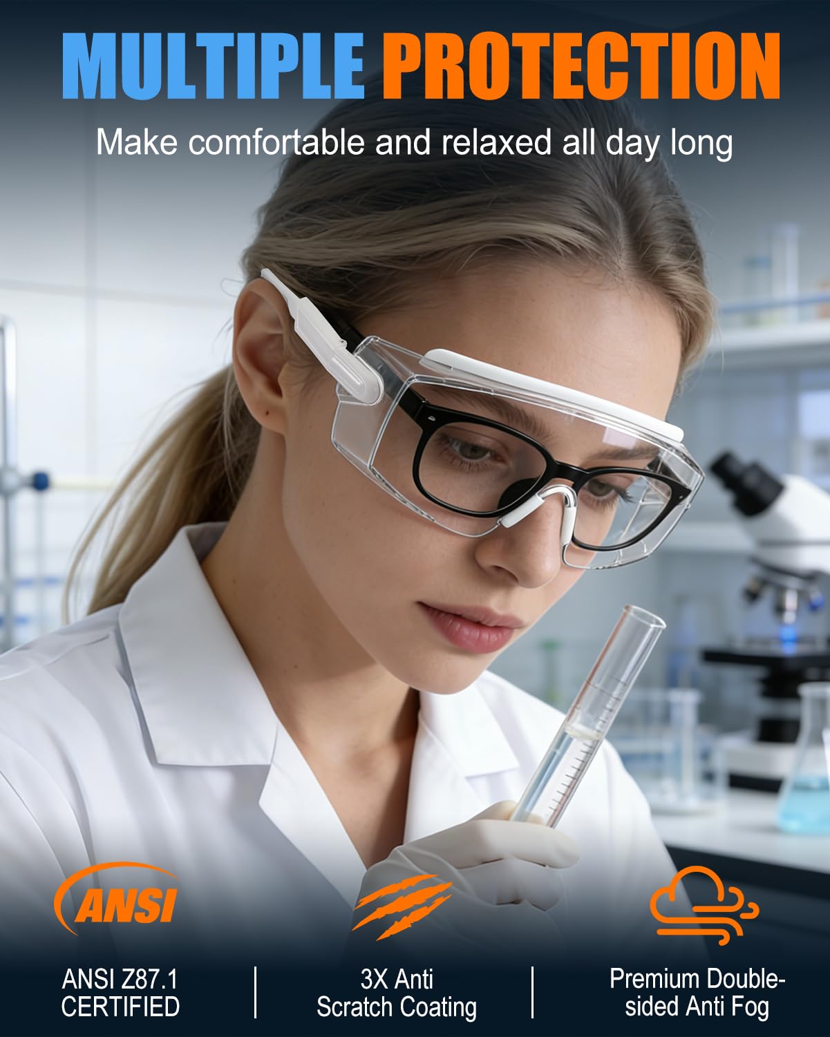 Anteojos de seguridad antivaho, ANSI Z87.1 anteojos de seguridad con lente envolvente transparente y patillas ajustables