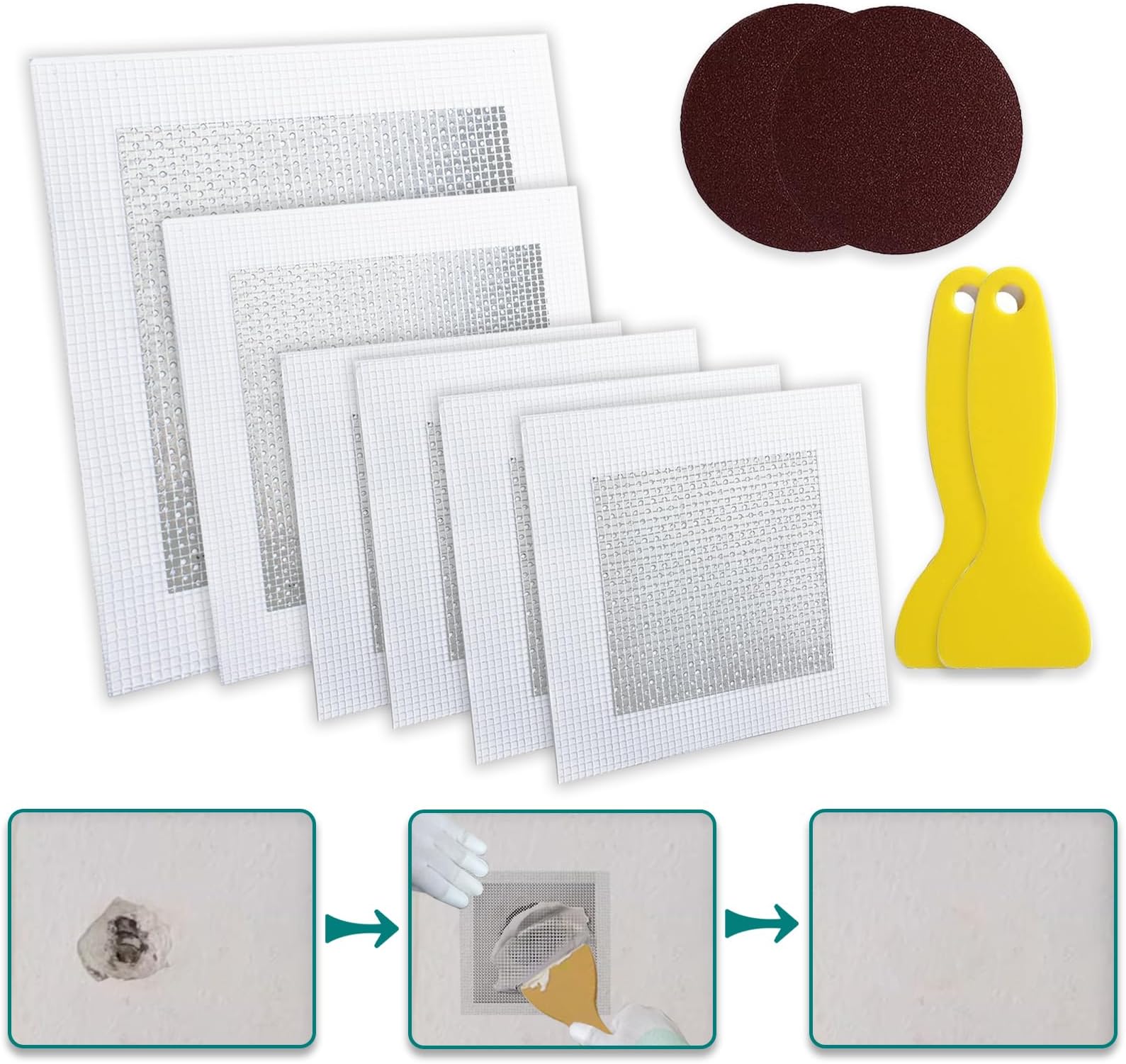 WYIRONG 10 Pack Drywall Repair Kit for Large Holes, 4/6/8 Inch Dry Wall Patch Kits for Erase a Small Nail Hole, Plaster Wall Patching Self Adhesive Aluminum Mesh with Scraper and Sandpaper