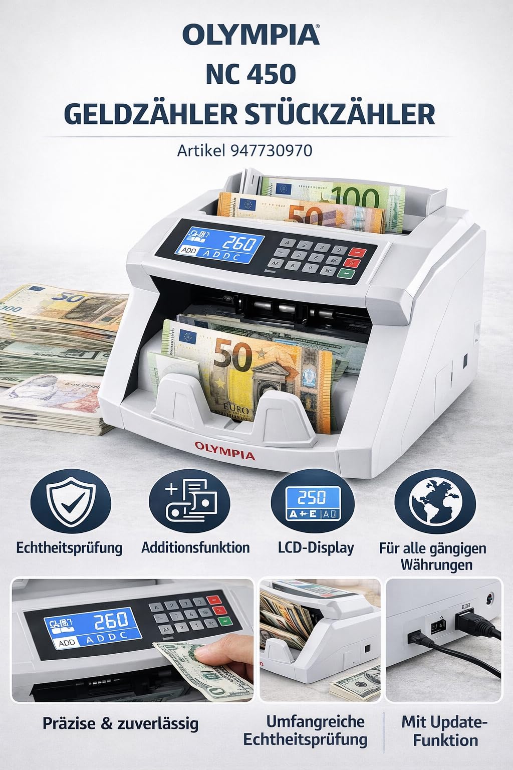 Olympia NC 452 Battery Money Counting Machine & Banknote Tester Piece Counter (for Banknotes, Authenticity Check, Adding Function, LCD Display, Banknote Counter for Euros, Dollars, Pounds, etc., with
