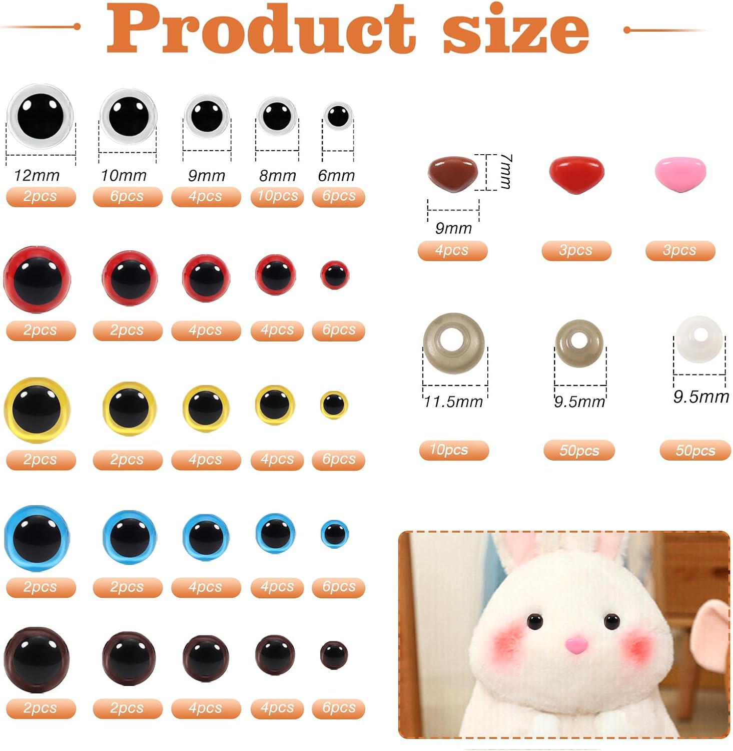 TOAOB 220pcs Plastic Safety Eyes Assorted Colors 6mm to 12mm Crafts Safety Eyes and Noses Set with Washers for Stuffed Animals Amigurumis Crochet Dolls Making