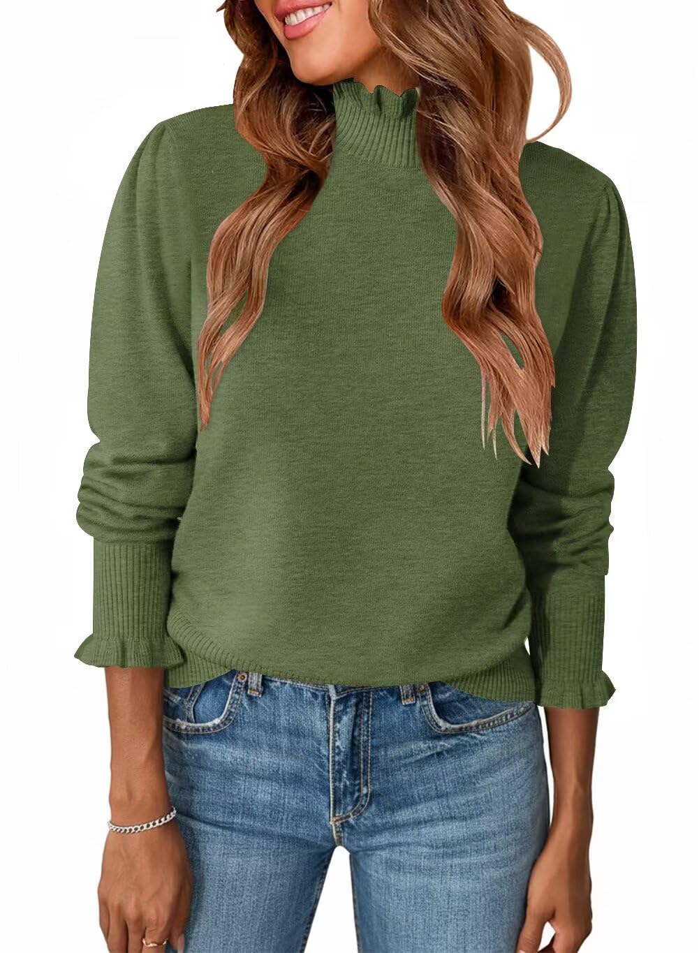 Wkior Womens Ruffle Mock Neck Fall Soft Lightweight Knit Sweater Puff Long Sleeve Casual Pullover Sweaters Top