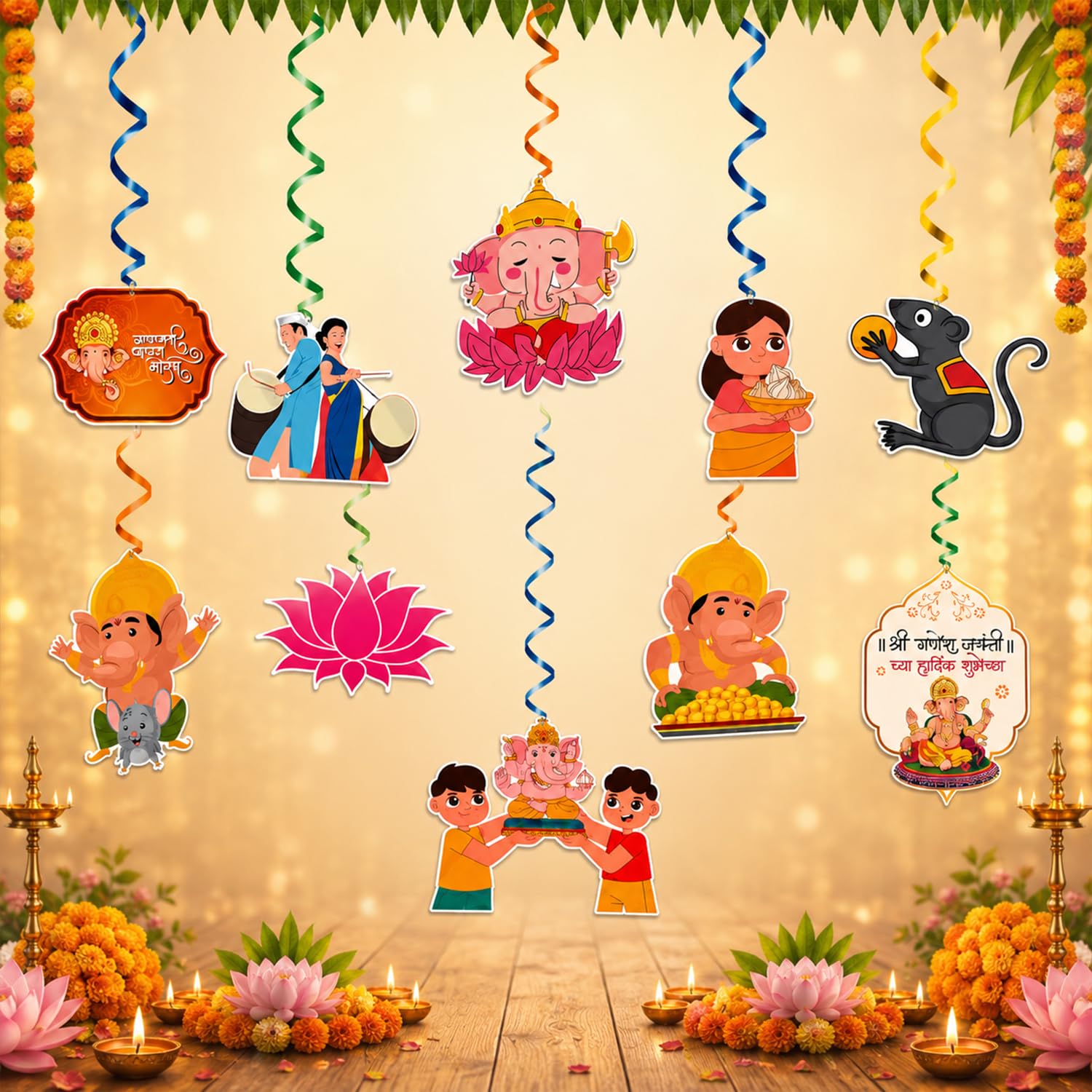 TIED RIBBONS Set of 10 Ganesh Chaturthi Hanging Props for Decorations | Ganpati Theme Cutout DIY Ceiling Hanging Party Décor Kit | Festival Home, Office & Pooja - Decoration Item for Home Décor