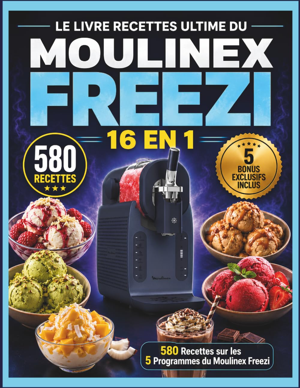 LE LIVRE RECETTES ULTIME DU MOULINEX FREEZI: 580 Recettes sur les 5 Programmes: Glaces, Sorbets, Yaourts Glacés, Milkshakes, Granités et Cocktails. Avec Guide de Réussite et Dépannage Complet. 16 en 1