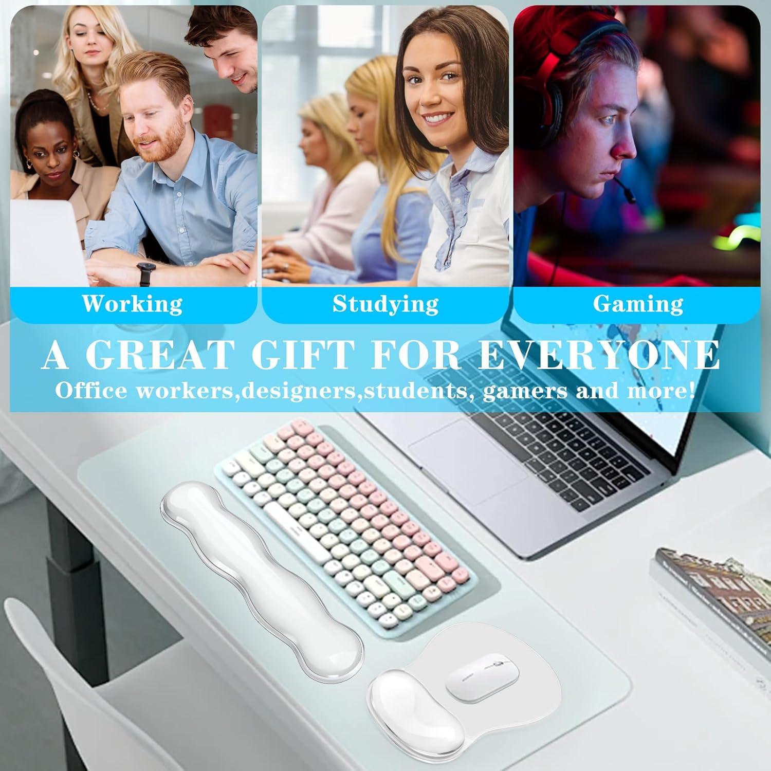 Gel Keyboard & Mouse Wrist Rest Set, Ergonomic Keyboard and Mouse Pad with Wrist Support Typing Pain Relief，Suitable for Office/Computer/Laptop/Gaming（White Set ）