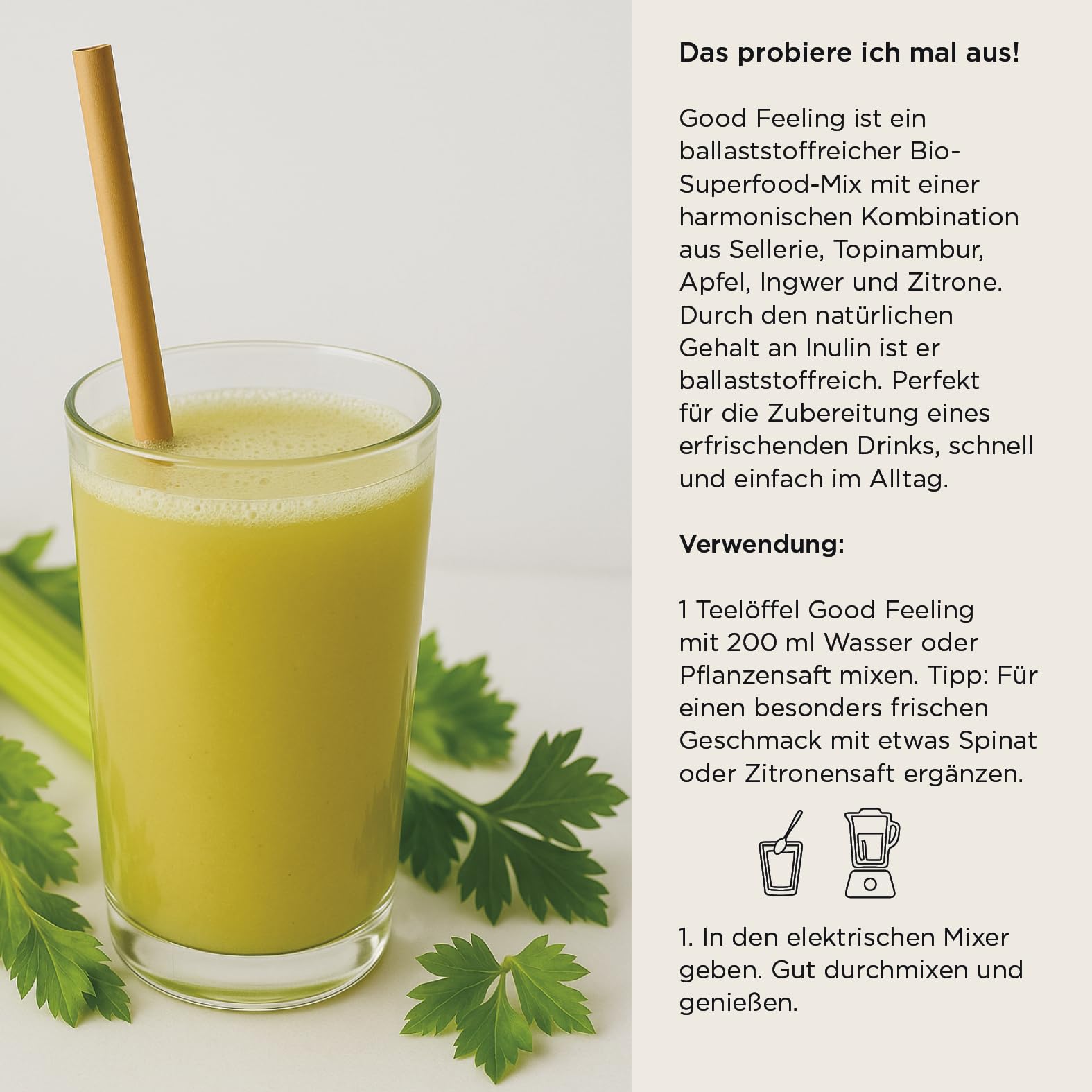 SOOPER FOOD Good Feeling | Veganer Bio Instant-Selleriesaft mit Ingwersaftpulver | Mit Ballaststoffen aus Sellerie, Topinambur & Ingwer | ohne Zusatzstoffe | 50 Portionen | 250g