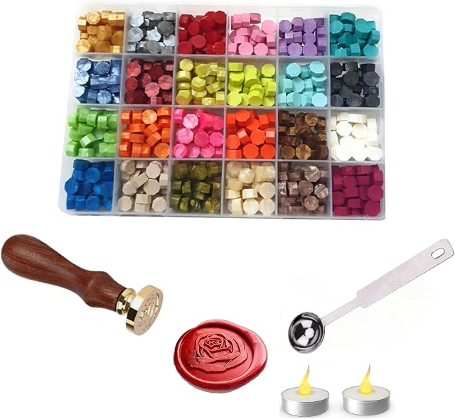 Wax Seal Stamp Sealing Wax Beads 600 Pcs with Wax Melting Spoon and 2Pcs Tea Candles 24 Colors Wax seals stamp kit for craft Wax ROSE Stamp Sticker, Wax stamp kit in boxes