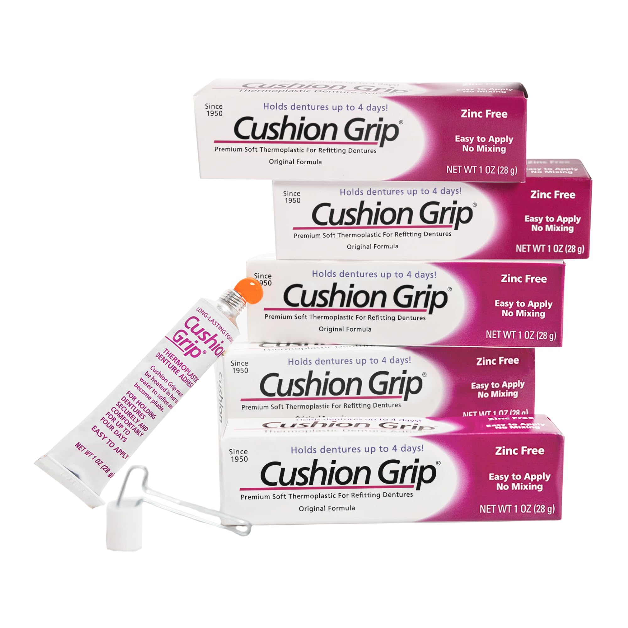 Cushion Grip Thermoplastic Denture Adhesive, 1 oz - Improves Denture Fit, Comfort & Stability | Non-Glue Adhesive, Acts Like a Soft Reline (Pack of 5)