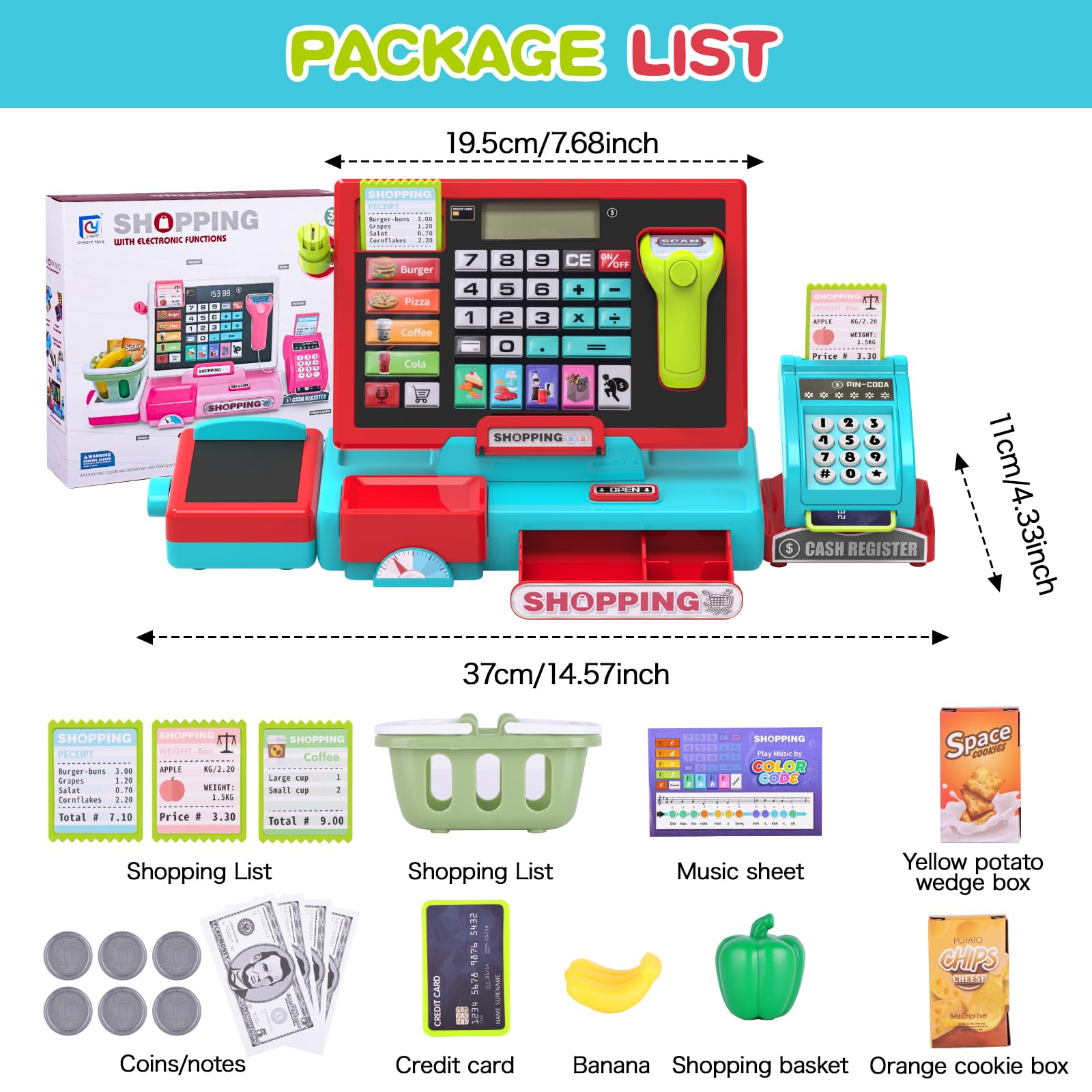 Caisse Enregistreuse Enfants Électronique, Caisse de Supermarché avec Scanner et Son, Jouet Monnaie pour Enfant avec Accessoires, Jeu Éducatif pour Enfants dès 3 Ans