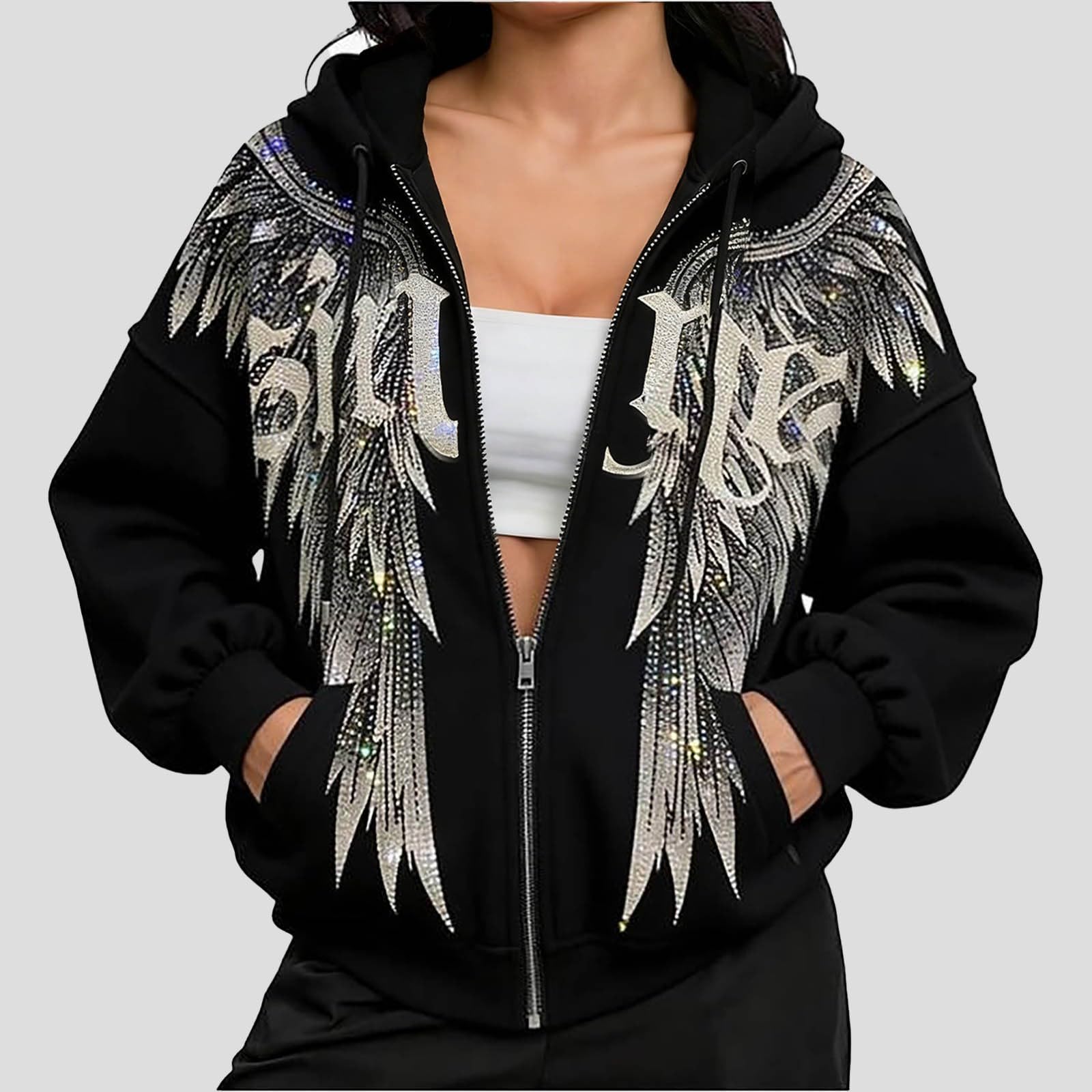 Generisch Hoodie Oversize Damen Sweatjacke mit Kapuze Strass Kapuzenjacke Sweatshirt Langarm Taschen Locker bequem Weich Basic Freizeit Sport Streetwear Fashion Tops für Zuhause und Outdoor