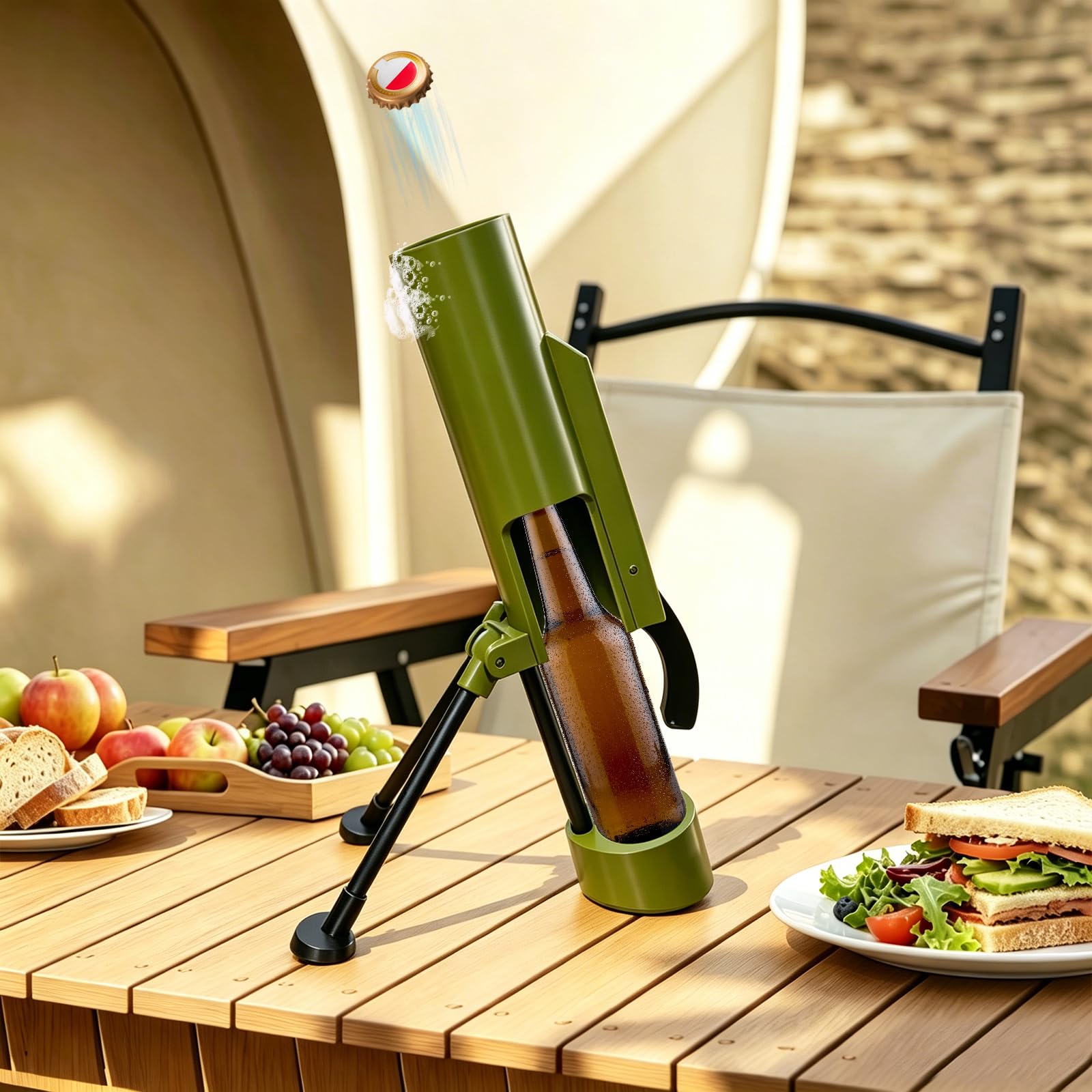 Mortaio apribottiglie da 6 cm, mortaio per birra per bottiglie da 0,33L–0,5L, cannone apribottiglie con lanciatore di tappi a corona