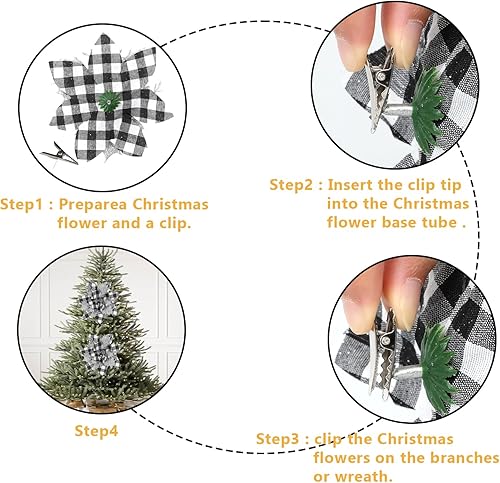 Miniatura 6 de Sawowkuya 15 piezas de flores de Pascua artificiales negras con purpurina para decoración de árbol de Navidad, decoración de corona de fiesta de boda