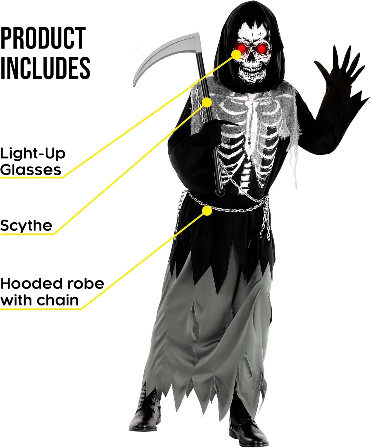 Morph Kids Light Up Grim Reaper Costume - Scary Halloween Outfit with Grim Reaper Scythe for Kids - Image 2