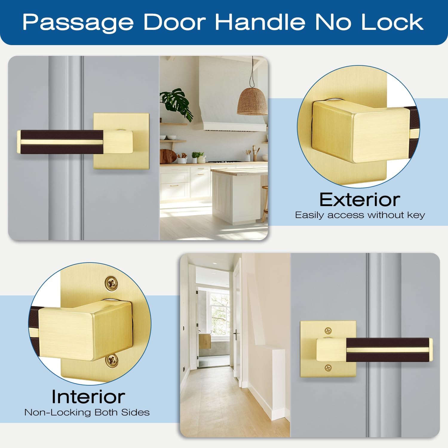 EHOMEWARE 3 Pack Gold Interior Door Handles Passage Door Levers for Hallway Closet, Solid Lever with Bronze Leather, Keyless Door Handle Set for Interior Unlocking Doors
