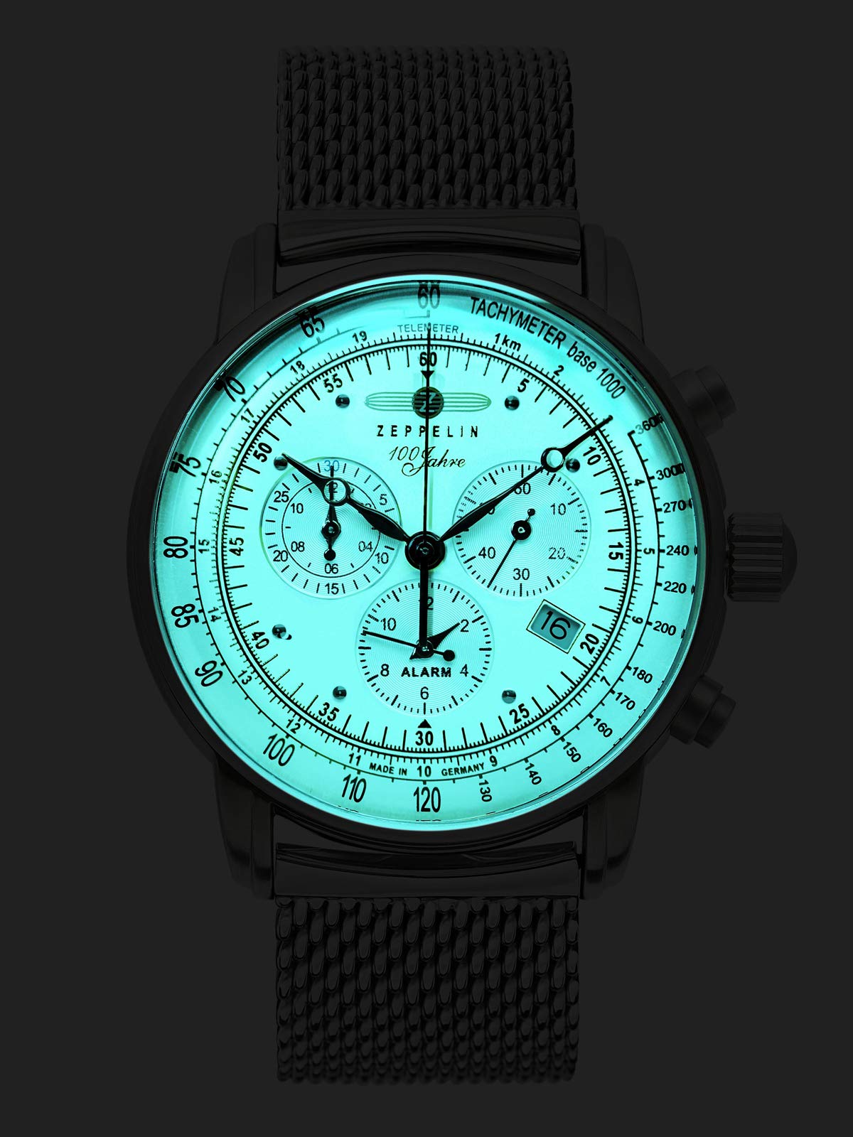 Zeppelin Herrenuhr mit massivem Edelstahl Milanaiseband Serie 100 Jahre Chronograph Datum Alarm 8680M
