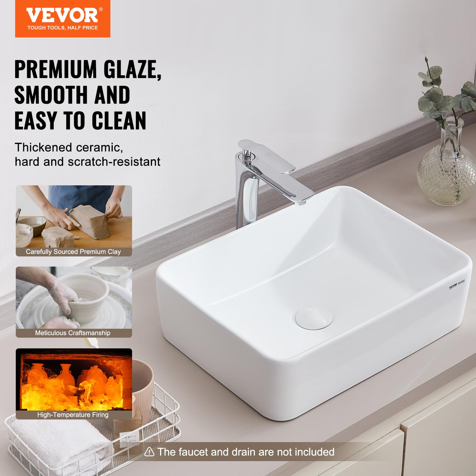 VEVOR Lavabo Rectangular, Lavabo de Cerámica Engrosada Blanca Brillante para Baño sobre Encimera, Estilo Moderno, Elegante y Luminoso, Perfecto para Baño, Hotel, Inodoro, 482 x 373 x 135 mm, φ 43 mm