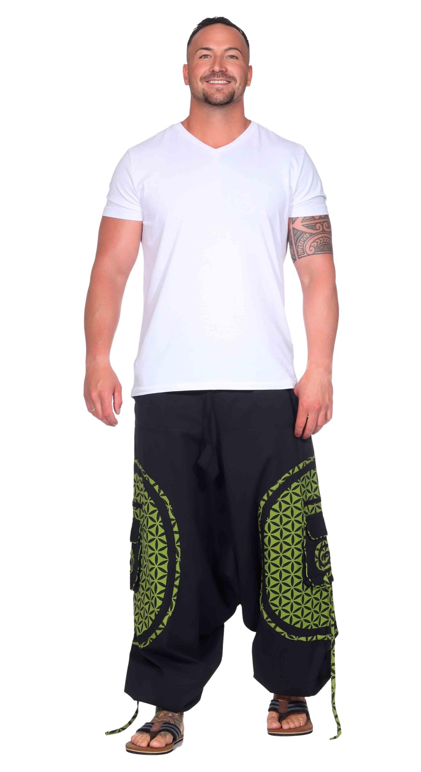 KUNST UND MAGIE Pantaloni Harem alla moda con motivo colorato Goa Hippie nero/limone. XXXXL