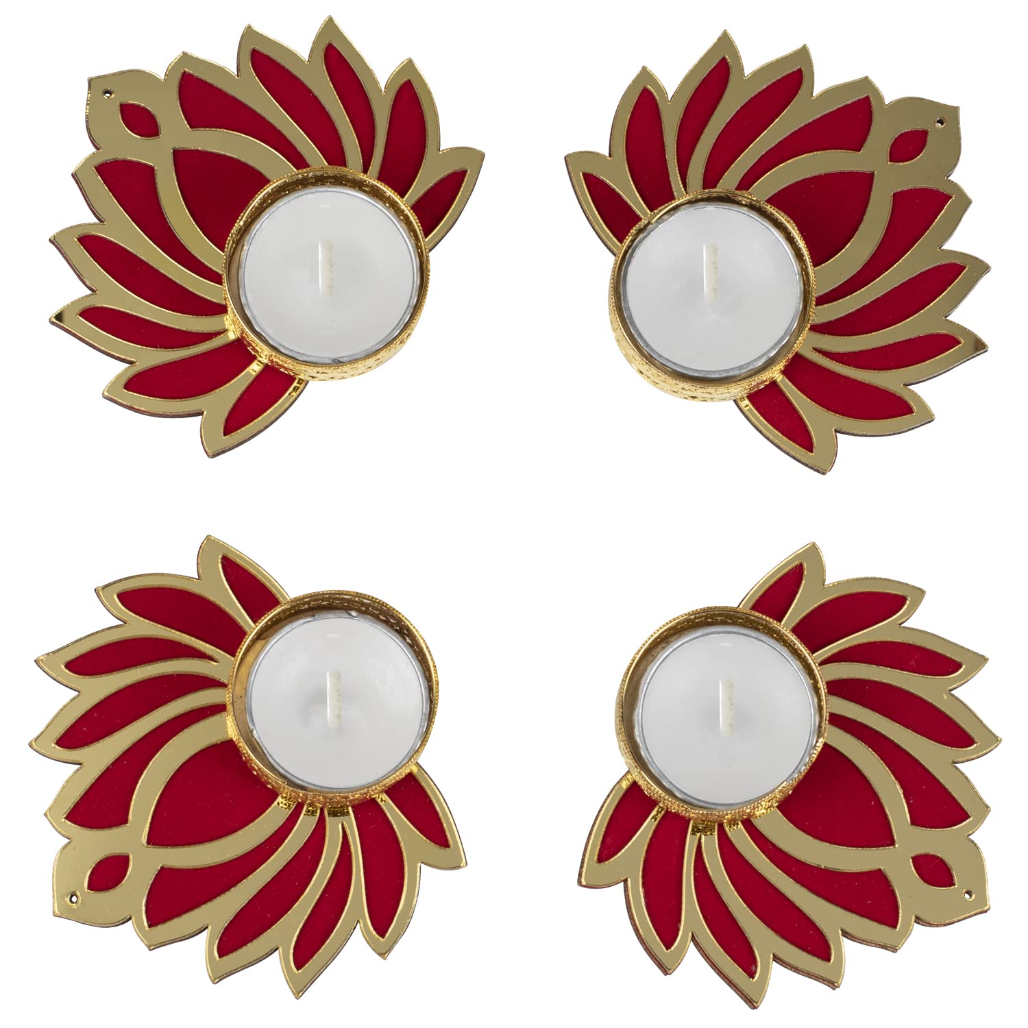 Kaameri Bazaar Set of 4 Metal Brass Diyas Decorated with Lotus for Diwali -Tealight Candle Holder with 4 tealights-image-21
