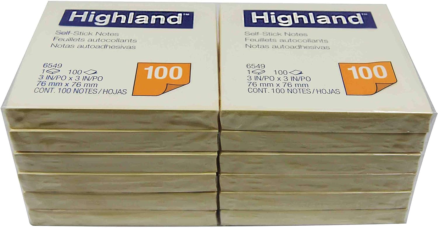 Highland Sticky Notes, 3 x 3 Inches, Yellow, 12 Pack (6549