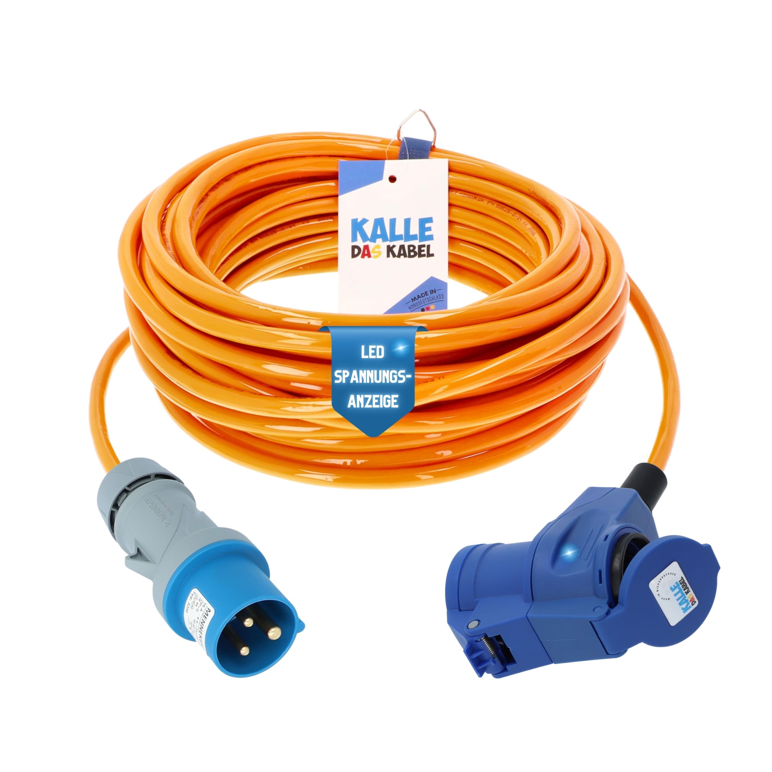 KALLE DAS KABEL Cavo di prolunga CEE 230 V 16 A – H07BQ-F 3G 2,5 mm², spina CEE su attacco angolare CEE con presa Schuko e indicatore di tensione LED, IP44, segnale arancione, campeggio, caravan, 5