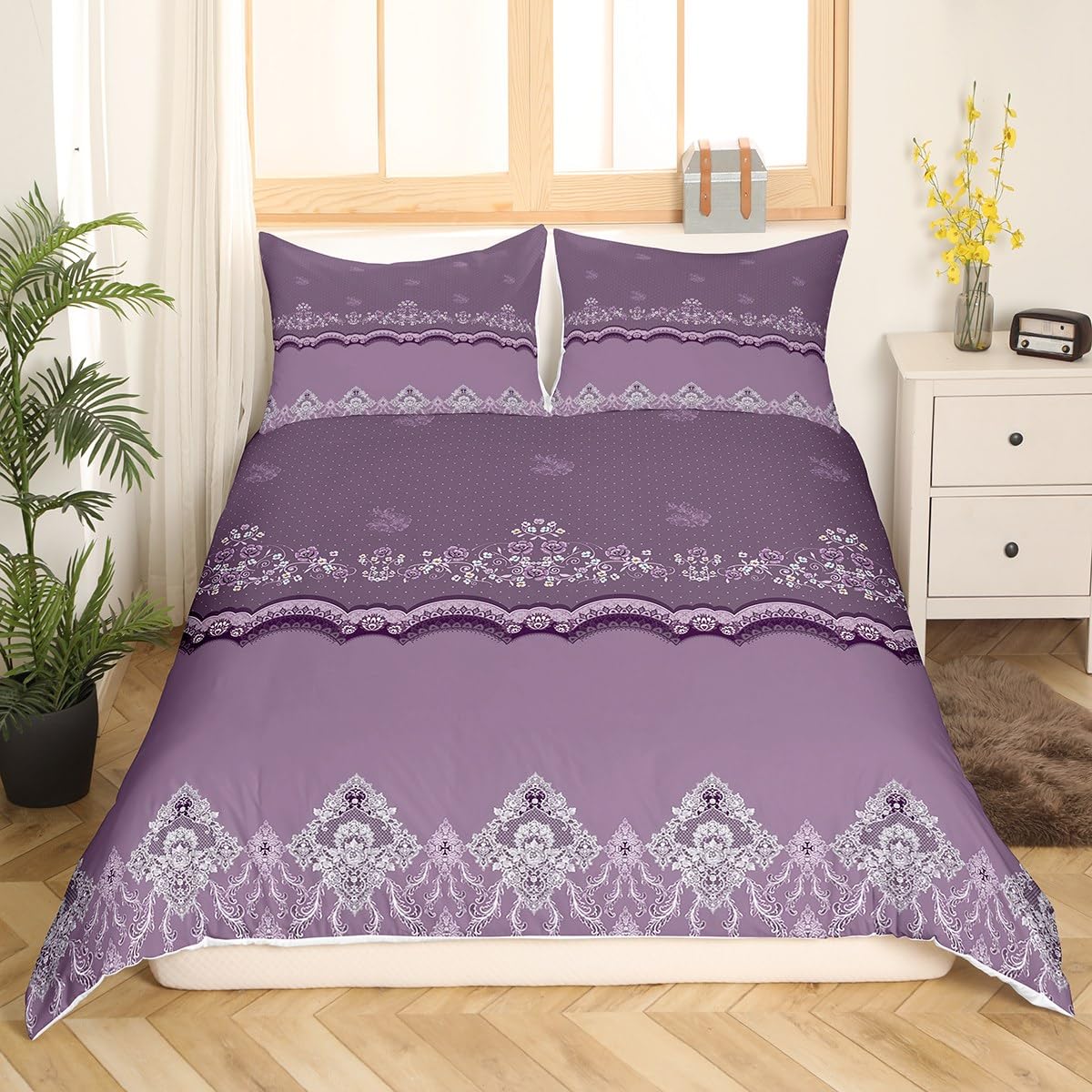 Loussiesd Women's Zttuk030-P5 Purple Floral Lace Duvet Cover Set King Size With 2 Pillow Shams,Classic Luxury Design Bedding Sets With Zipper And Corner Ties ,Soft Comforter Microfiber Quilt Cover Set Girls 3Pcs(220X240cm)