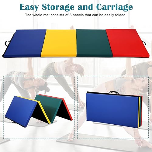 Miniatura 10 de Colchoneta de gimnasia para niños y adultos, plegable, extragruesa, con asa de transporte, 6 x 2 pies, antidesgarros, ligera, esterilla de ejercicio