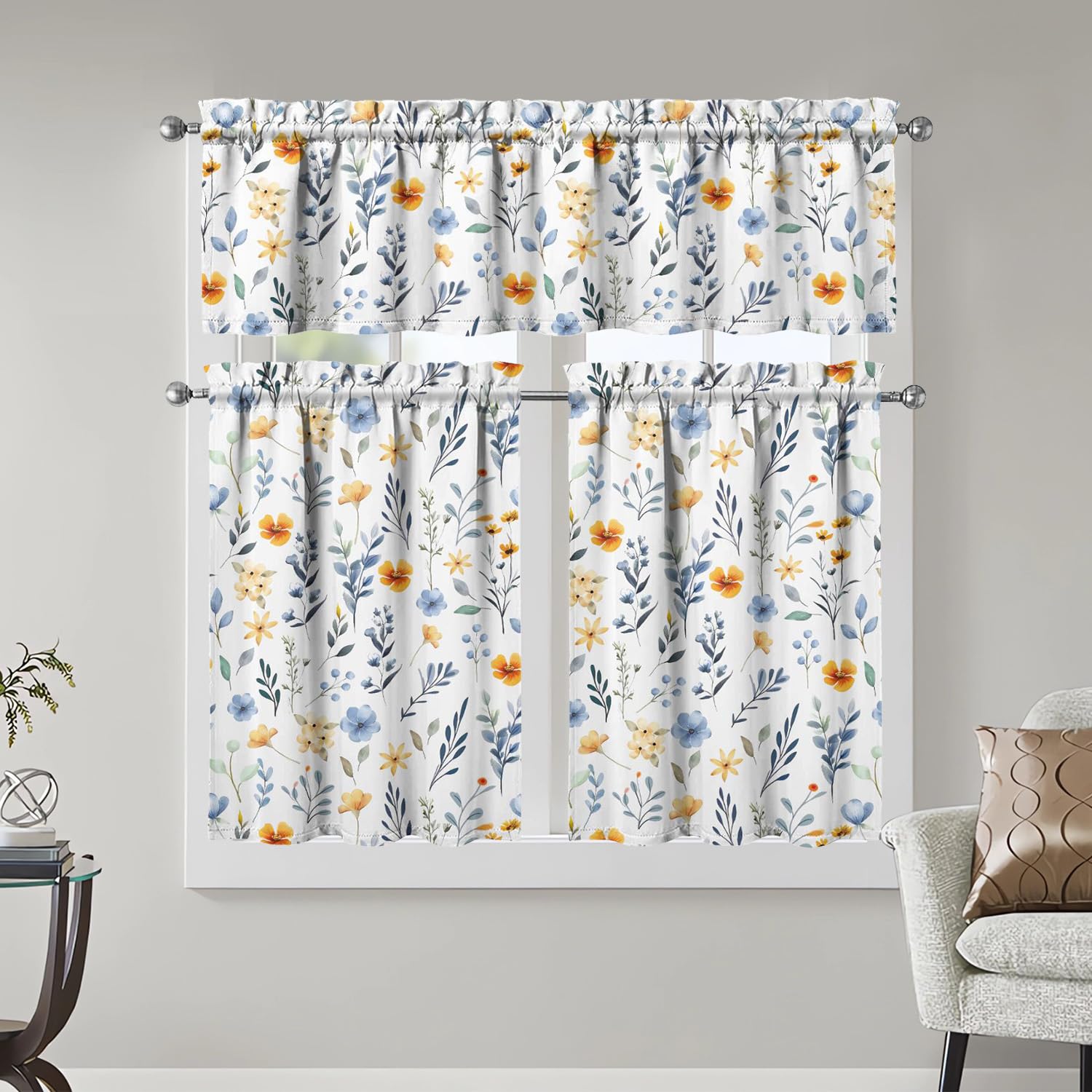 Floral Kitchen Curtains 3 Piece Set Tier Valance Window Decor