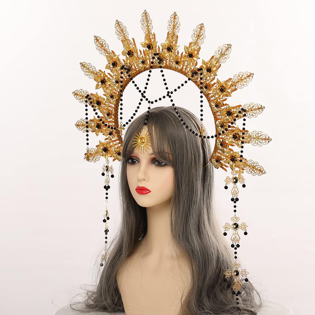 BLESSUME Goddess Gold Spike Halo Crown Headpiece NYLON ZIP TIE Wedding Bride Hair Band Tiara…