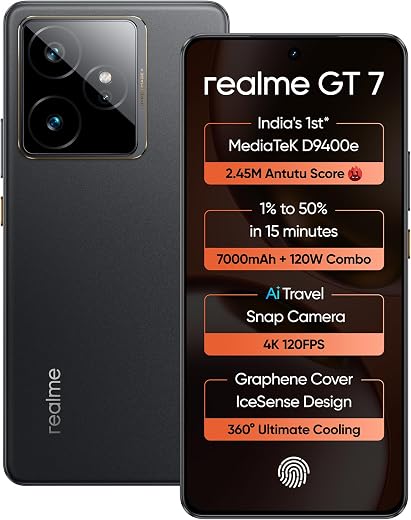 realme GT 7 (IceSense Black,8GB+256GB) | India's 1st MediaTek Dimensity 9400e Chipset | Strongest Battery Combo 7000mAh + ...