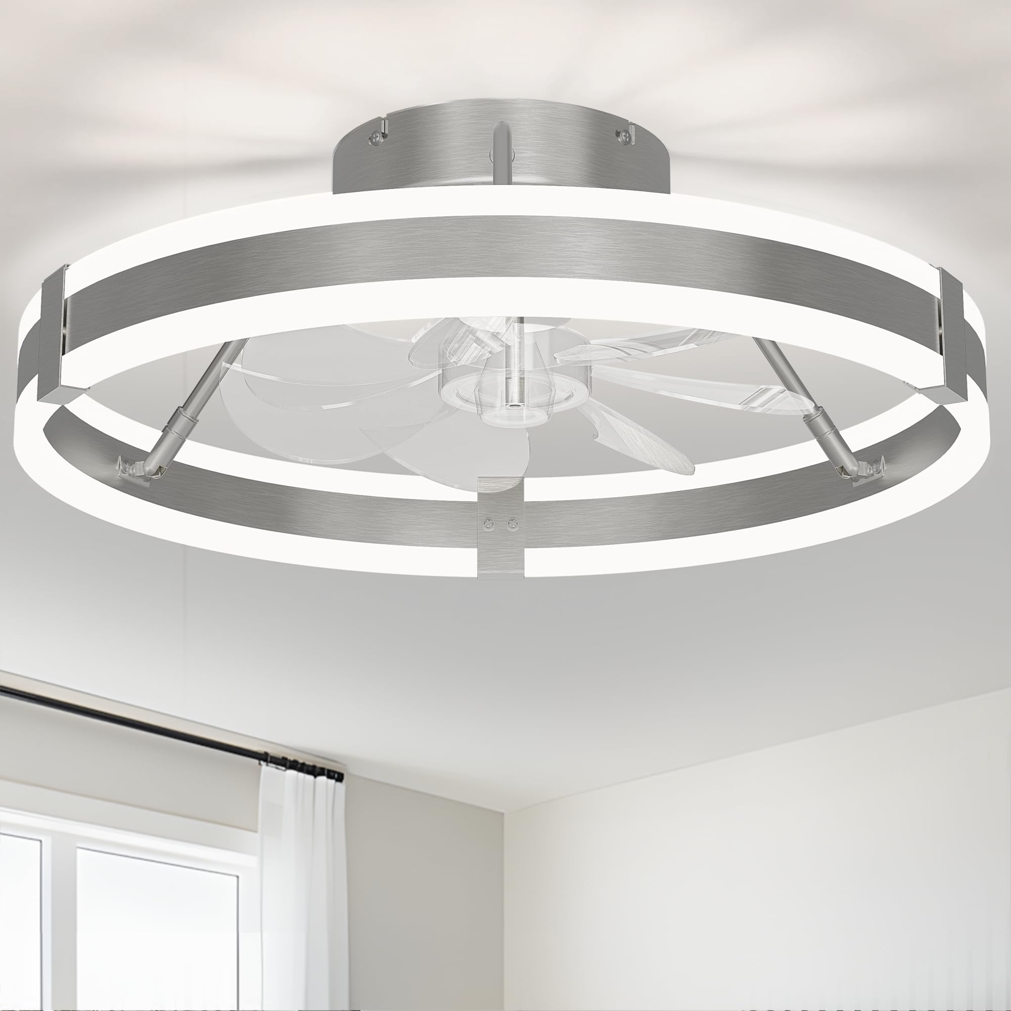 Photo 1 of 19.7'' Flush Mount Ceiling Fan with Lights ,3000-6000K 6Speed Dimmable Modern Enclosed Led Ceiling Fan , Reversible DC Motor Bladless Low Profile Ceiling Fans for Bedroom, Kitchen,Home, OfficeLPNPMGN6459719