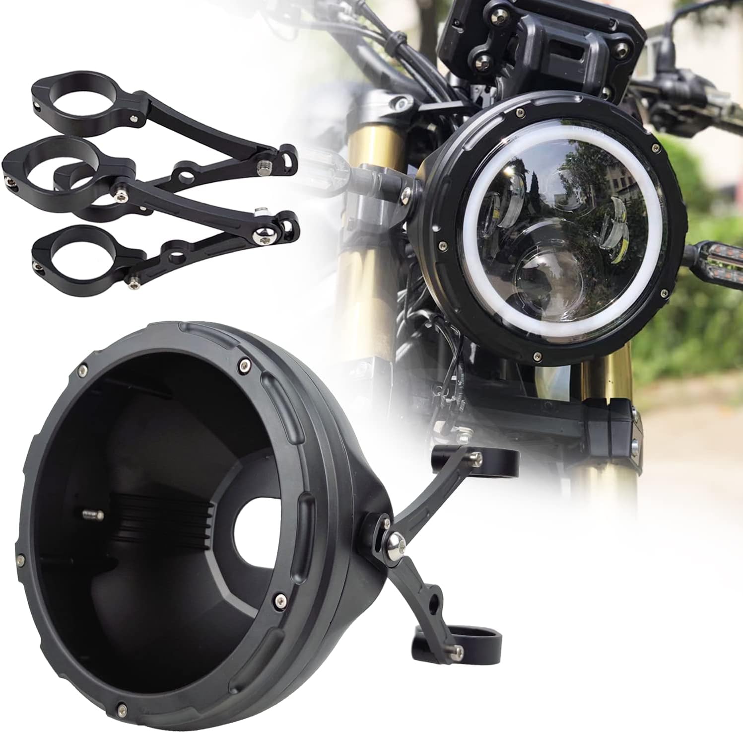 7inch CNC Motorcycle Headlight Housing Bucket with CNC Side Mounting Bracket 36-40MM Fork Tube Holder Clamps for Motorcycle