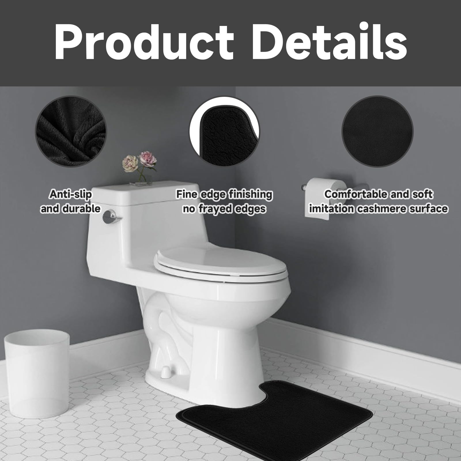 QhgPnt Toilet Mat, Toilet Mats Pedestal Only, Black Coral Fleece Pedestal Mat for Toilet, U-shape Thick Machine Washable Quick Dry Toilet Rug, Non-Slip Absorbent Bathroom Mat - Image 3