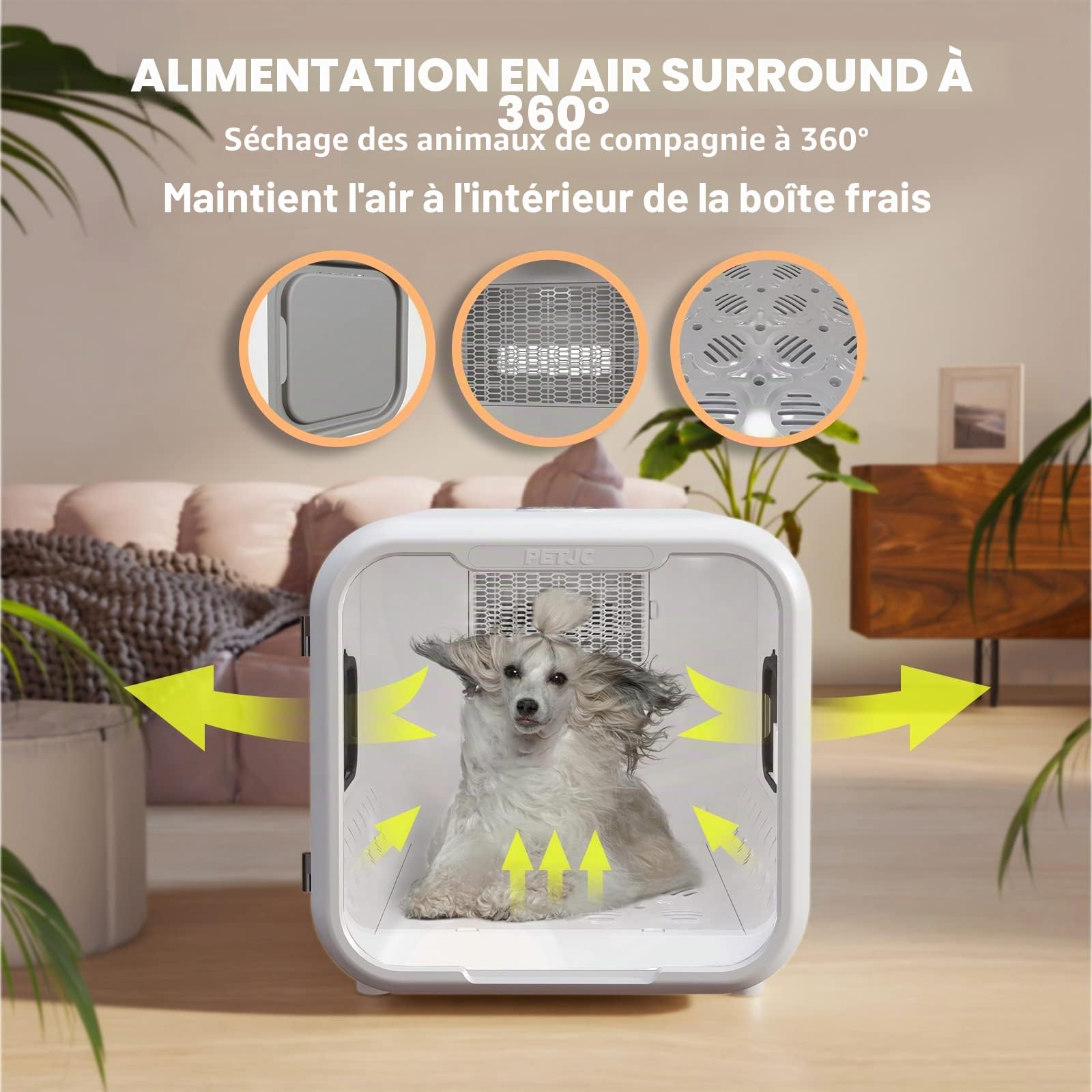 PETJC Sèche-Cheveux Automatique pour Chat et Petits Chiens, 71L Grande Capacité, Contrôle Intelligent de la Température,boîte de séchage de cheveux d'animaux de compagnie ultra silencieux 360 séchage
