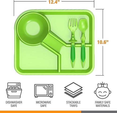 Miniatura 7 de Dinneractive Juego de comedor para niños, vajilla de dinosaurio verde, utensilios de dinosaurio, platos para niños pequeños, platos para bebés