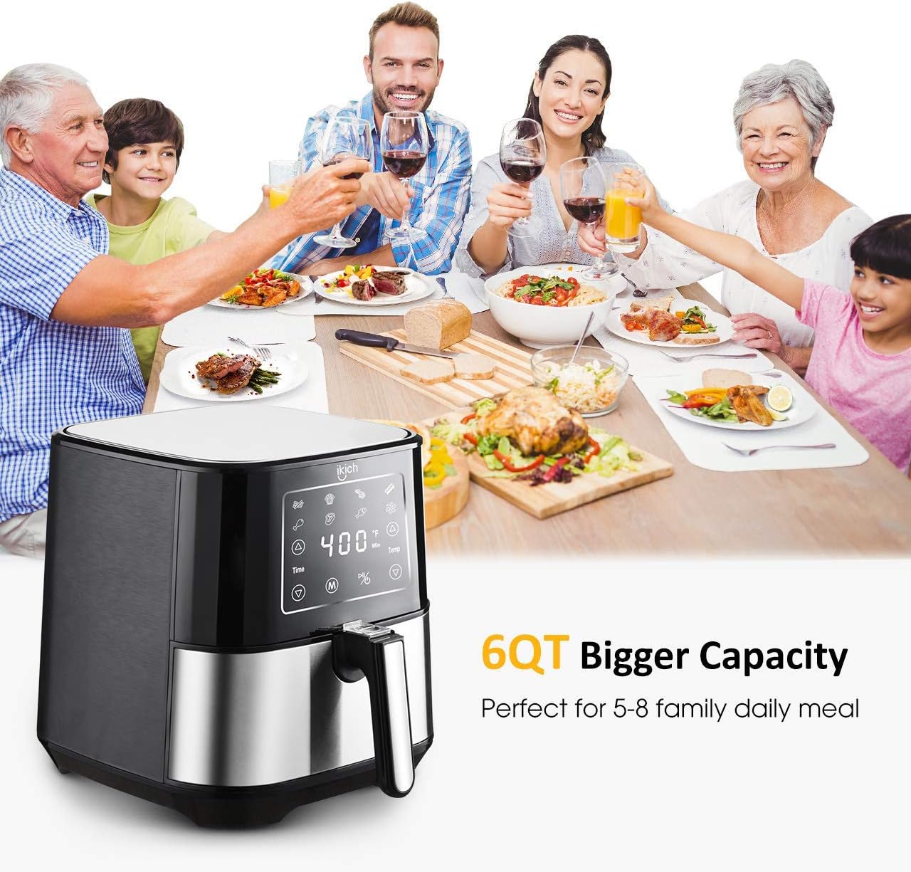 IKICH Air Fryer KC-195 with 6QT Bigger Capacity text