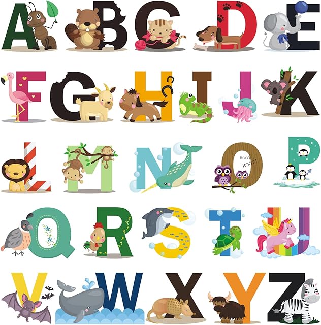 Opopark Animal Alphabet ABC Wall Stickers for Children Peel and Stick Kids Wall Decals Removable Wall Stickers for Kids Girls Boys Nursery Bedroom Living Room