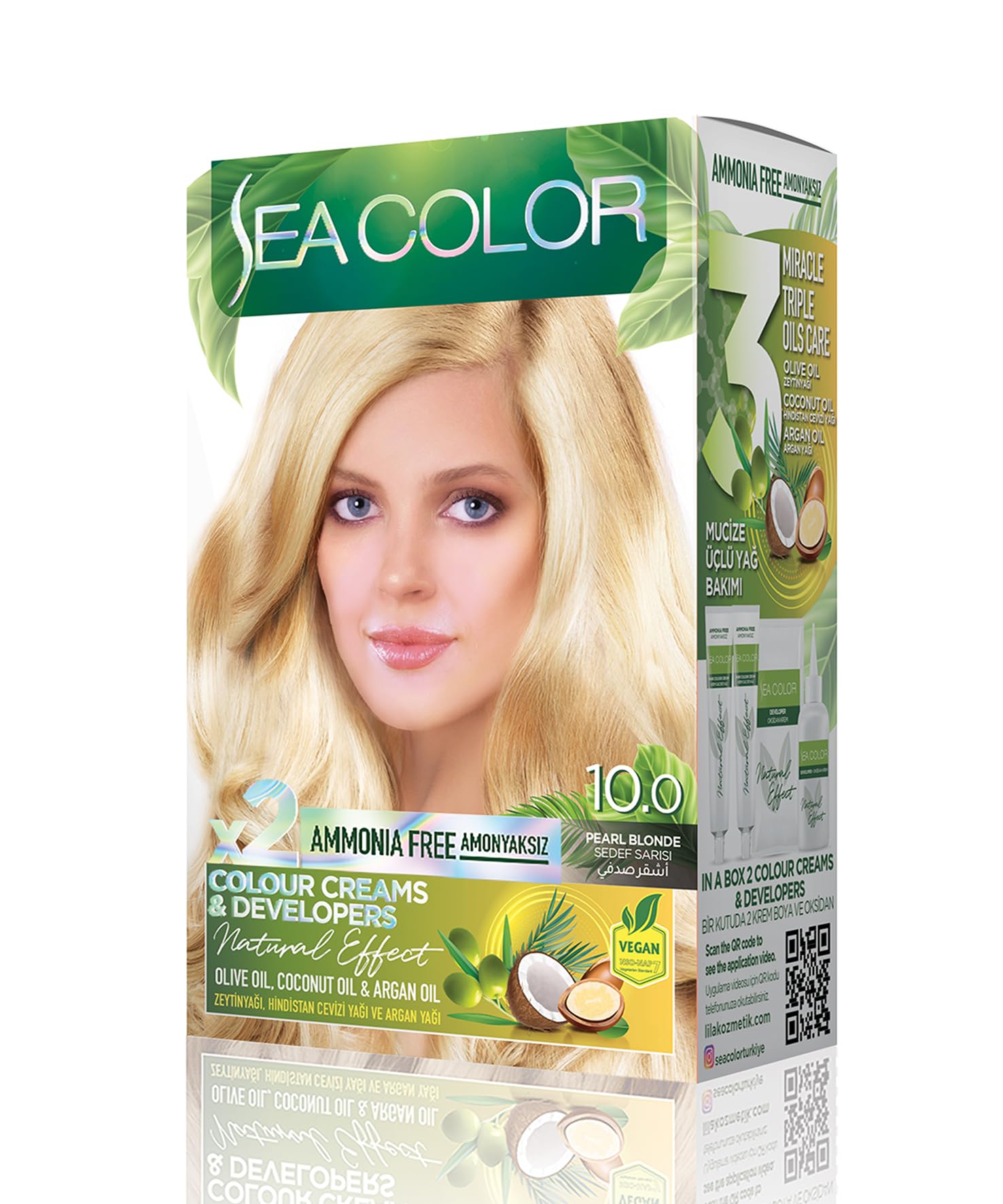 SEA COLOR Amonyaksız, Vegan, Doğal, Besleyici Kalıcı Saç Boyası%100 Beyaz Kapama (1 PAKET 2 x 50 ml Boya & OKSİDAN) (Sedef Sarısı 10.0)