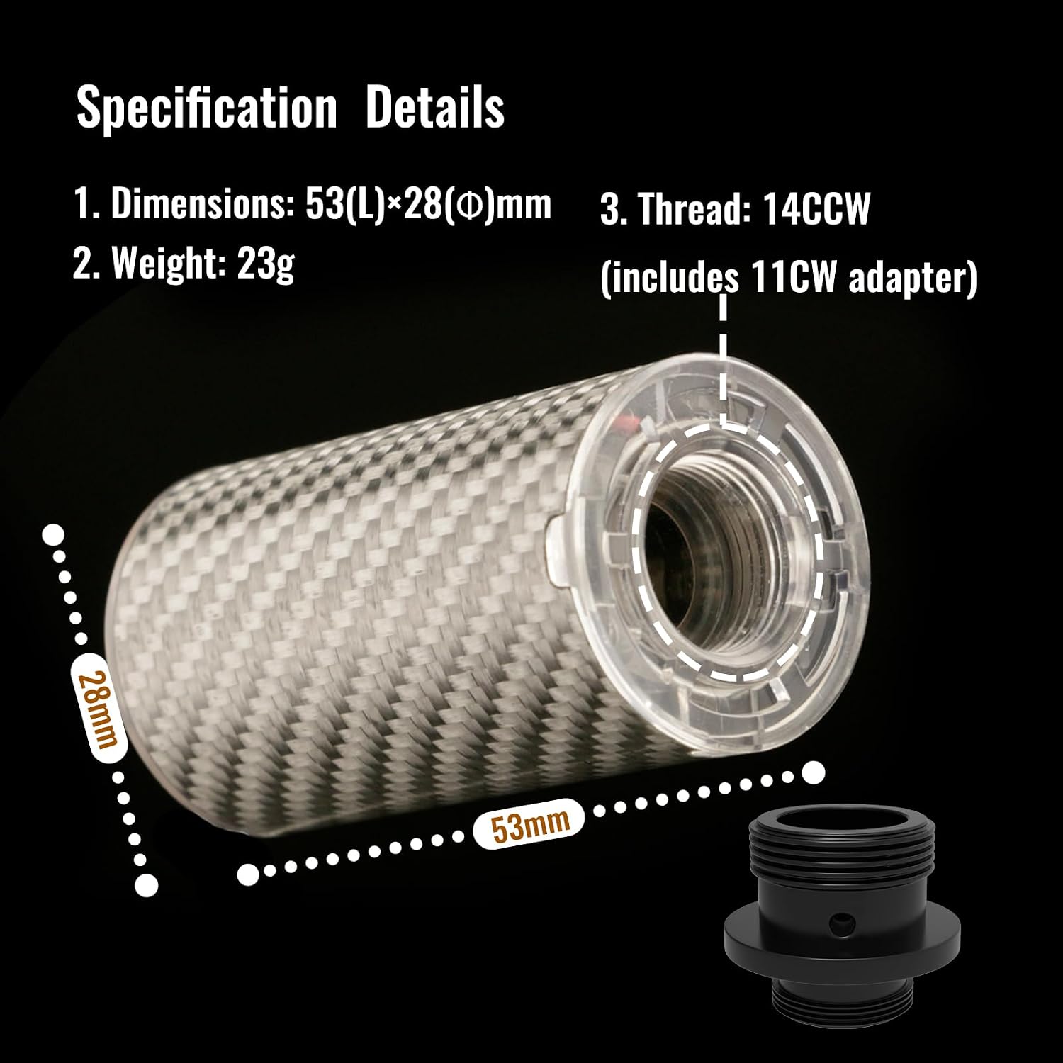 T238-Nano Airsoft Tracer Unit, Carbon Fiber Mini Tracer with 14mm CCW Thread Interface and Type-C Charging Port, 14mm CCW to 11mm CW Adapter