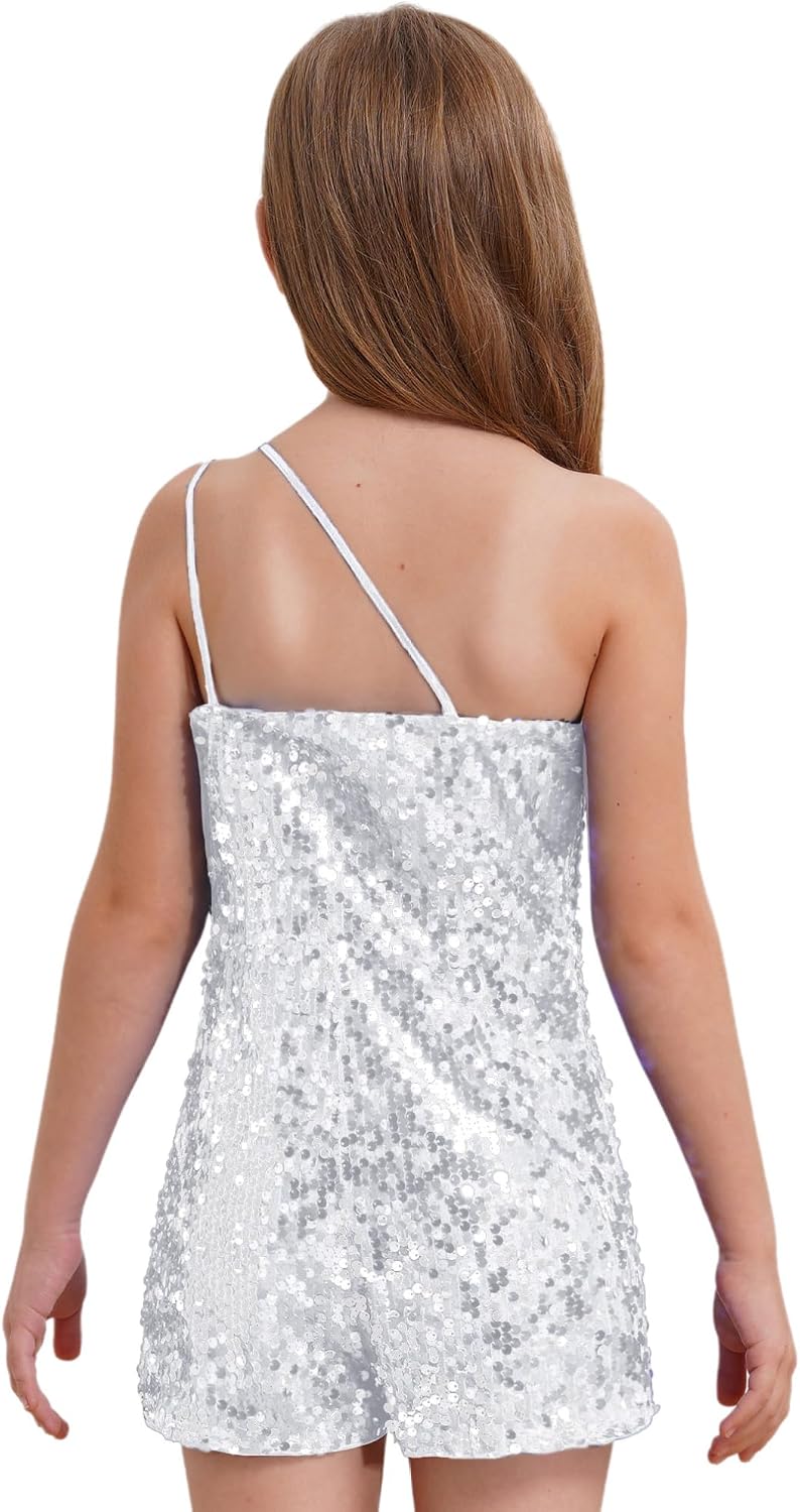 ranrann Kids Girls Sparkly Sequin Jumpsuit Leotard One Shoulder Pageant Romper Party Prom Jazz Hip Hop Dancewear