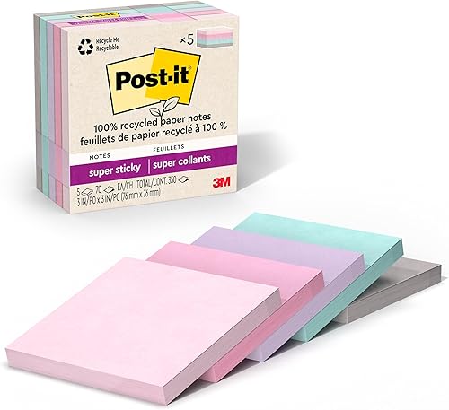 Post-it 100% Recycled Paper Super Sticky Notes, 3 in. x 3 in., 5 Pads, 70 Sheets