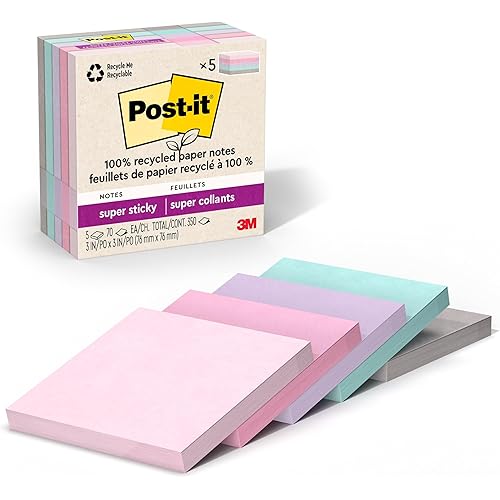 Post-it 100 Recycled Paper Super Sticky Notes, 3 in. x 3 in., 5 Pads, 70 Sheets per Pad, Wanderlust Pastels, School Supplies and Office Products