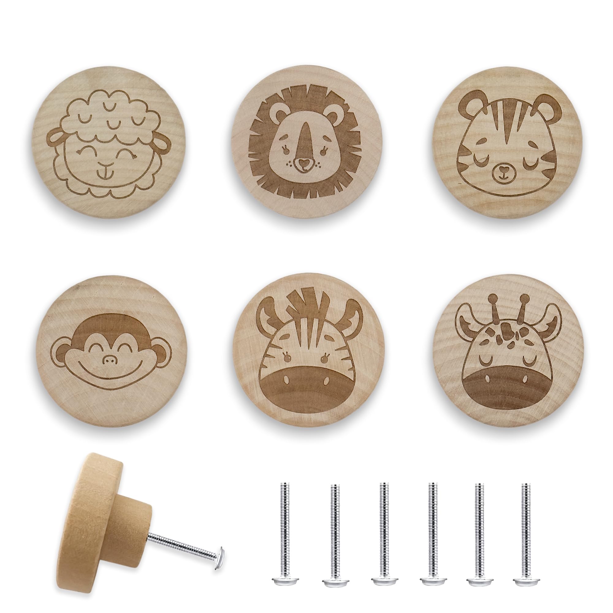 Lasyman 6PCS Round Engraved Animal Flat Wood Knob,Jungle Themed Kids Baby Girls Boy Room Furniture Dresser Knobs,Nursery Lion Nature Wooden Drawer Pull