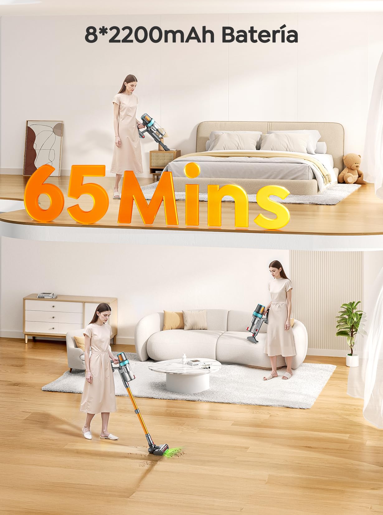 50KPA/600W Aspiradora sin Cable, 65Min(ECO) Aspiradora Vertical Escoba Potente, Incluye Manguera de 1M y Anti-Enredo Cepillo, Modo Automático, Función Aromática, para Mascotas/Suelos/Alfombras/Coche