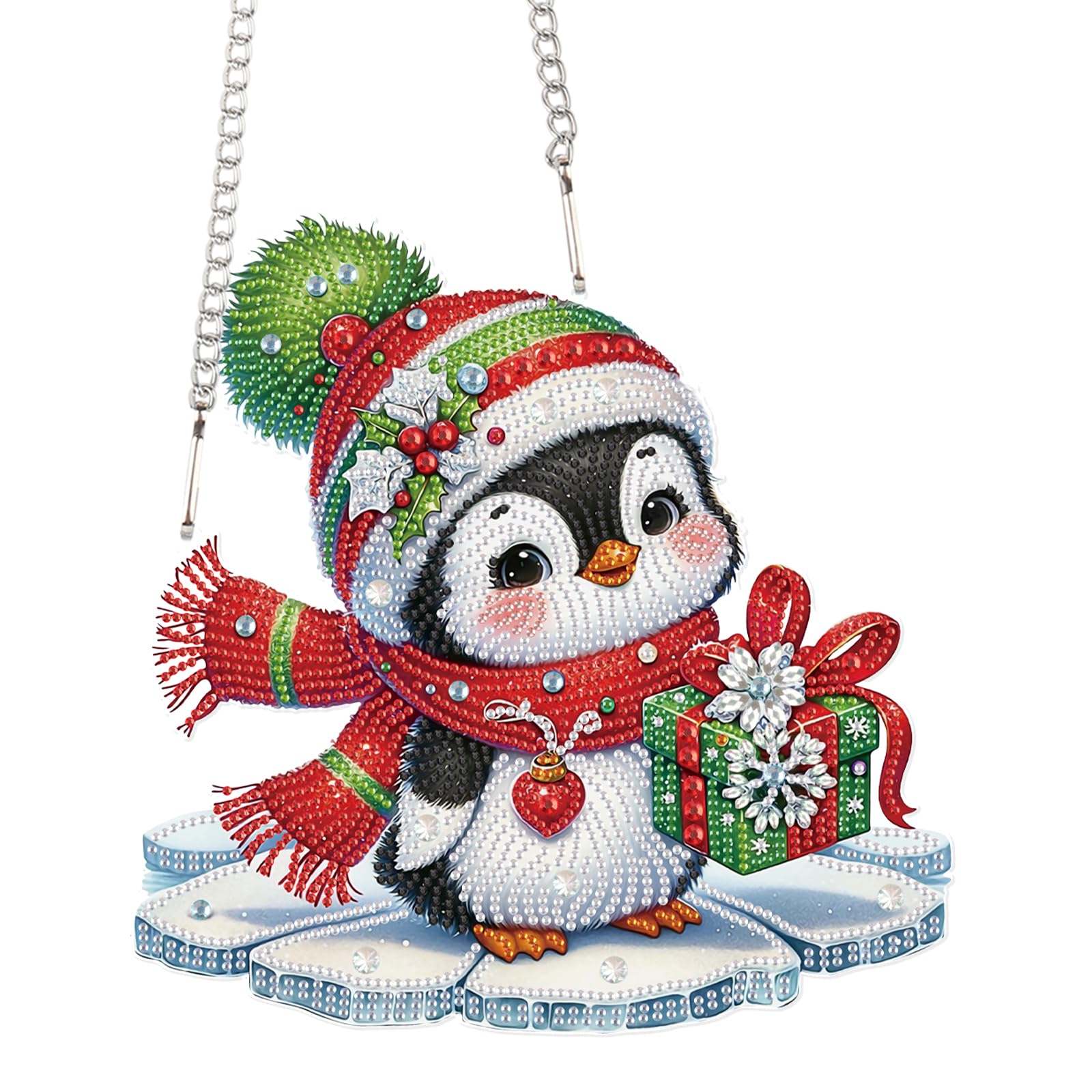 Focart 5D DIY Acrylic Special Shaped Diamonds Painting Hanging Pendant Kits, Christmas Penguin Diamond Art Hanging Window Pendant Ornament for Home