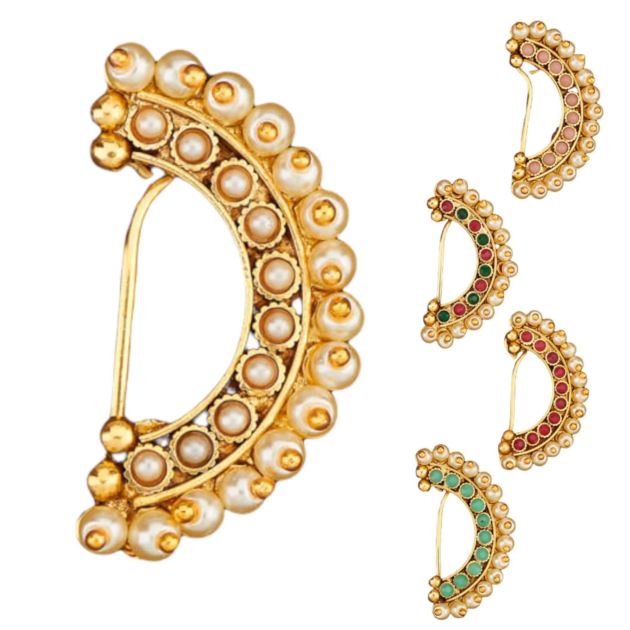 LOVENSPIREAntique Pressing Moon Nose Ring Gold Plating Clip On Marathi Nath Nosepin Jewelry For Women Bollywood Style Indian Snap On Nose Ring Jewelry Gift Non-piercing Nosepin